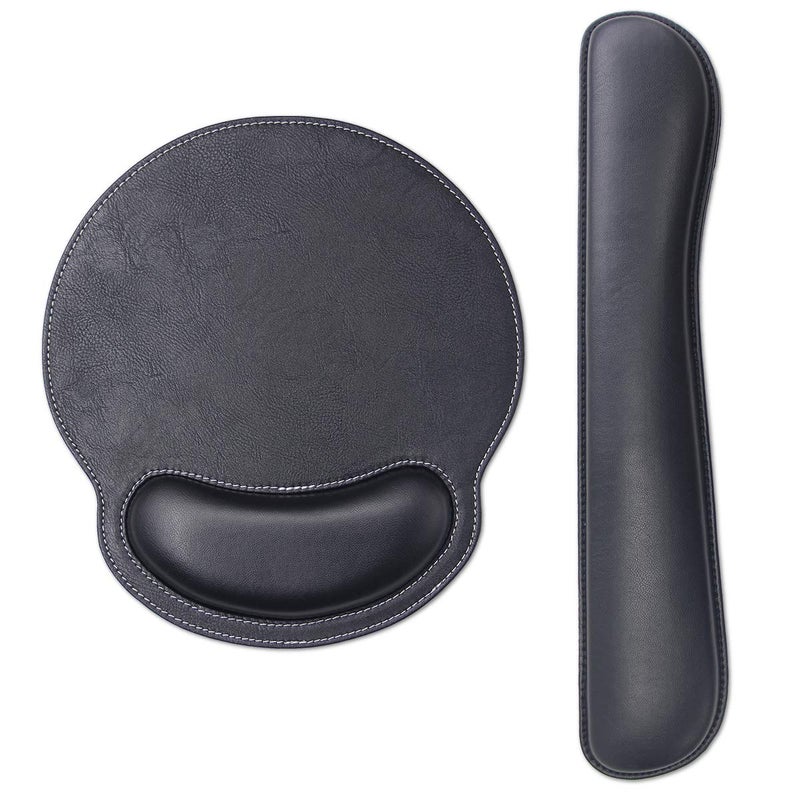 iVeze Mouse Pads with Wrist Support and Keyboard Wrist Rest Pad Set,Ergonomic PU Leather Mouse Pad for Laptop Computer,Non Slip Base Comfortable Mousepad Raised Memory Foam Easy Typing Pain Relief, Black - Image 1